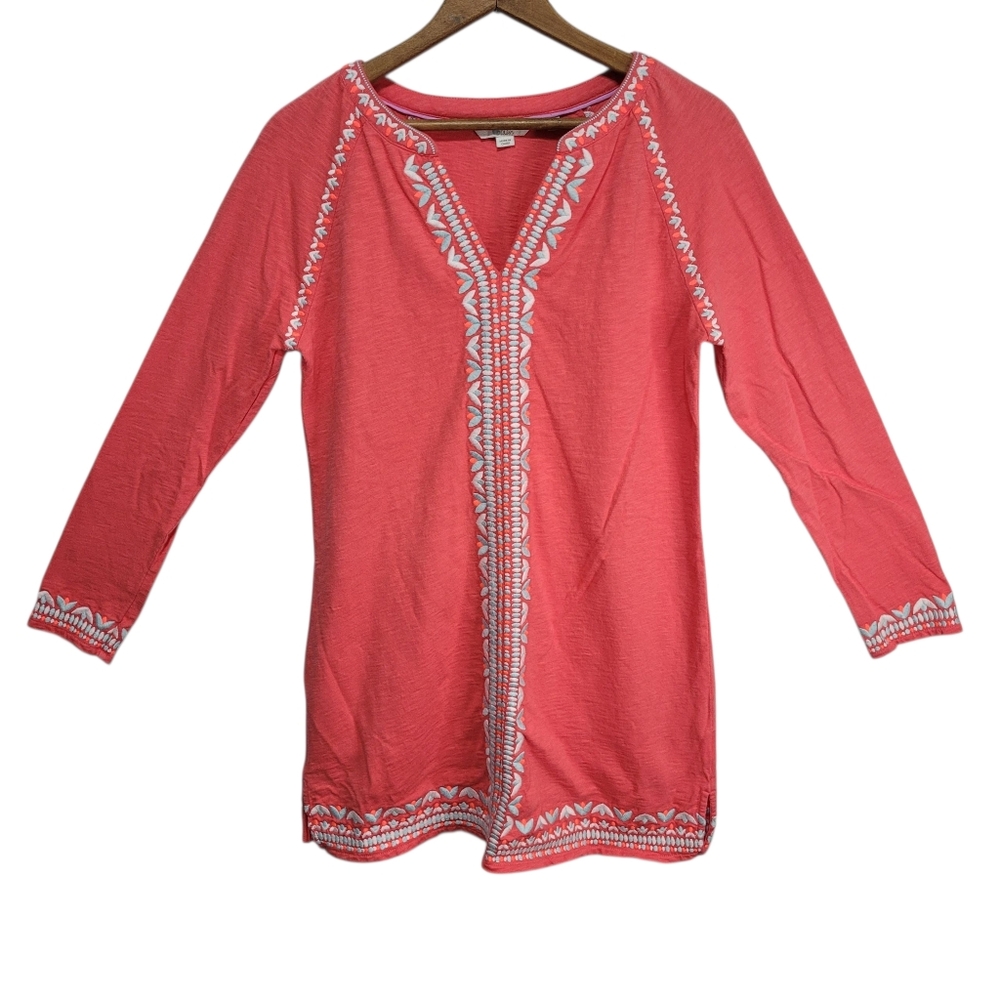BODEN Women’s Size S Edie Coral Jersey Embroidered Kaftan Tunic Dress Beachy